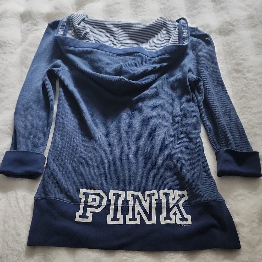 Pink VS Blue Thermal Knit/Waffle Hooded Cardigan Button Down. Size: L - Picture 5 of 7